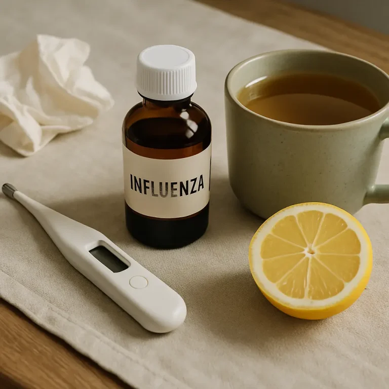 A bottle labeled 'Influenza' alongside a thermometer, a cup of tea, a half lemon, and a tissue on a table, representing wellness and natural remedies for health and fitness.