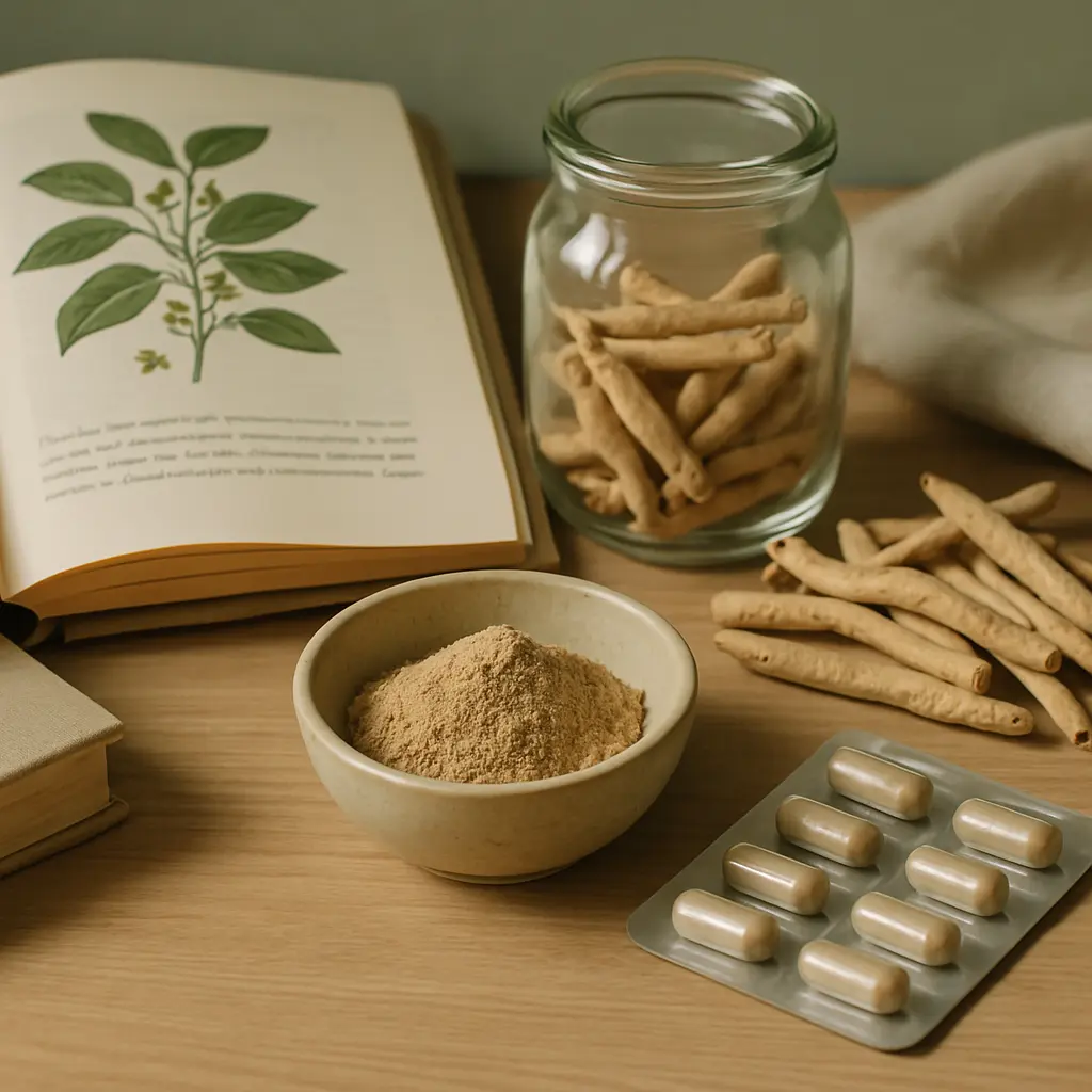 Herbal supplements and wellness items including a glass jar of roots, a bowl of powdered herbs, a blister pack of capsules, and an open botanical book on a wooden table, emphasizing natural health and wellness.