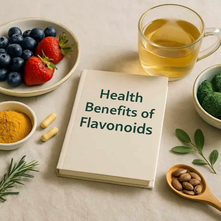 A book titled 'Health Benefits of Flavonoids' surrounded by healthy foods and supplements, including blueberries, strawberries, a cup of tea, broccoli, turmeric powder, capsules, and nuts, representing a focus on vitamins, wellness, and healthy eating.
