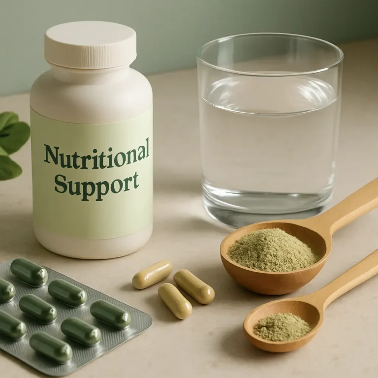 A bottle labeled 'Nutritional Support' next to capsules, powder in wooden spoons, and a glass of water, highlighting supplements and wellness.