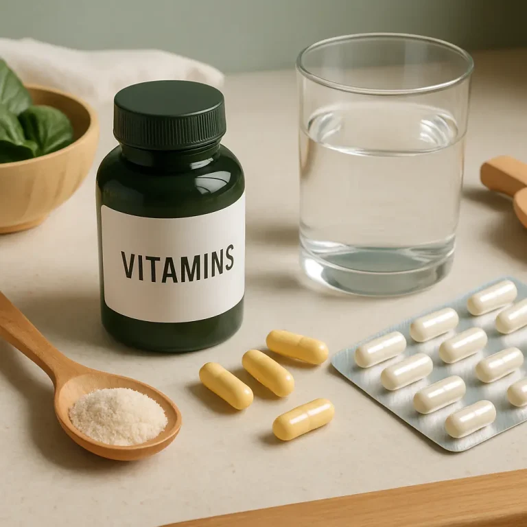 A bottle labeled 'Vitamins' with capsules, a glass of water, a spoon of powder, and supplement tablets, symbolizing health and wellness.