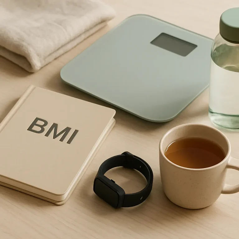 Fitness and wellness setup with a digital bathroom scale, a BMI journal, a smartwatch, a cup of herbal tea, and a water bottle on a table, highlighting healthy eating and lifestyle.