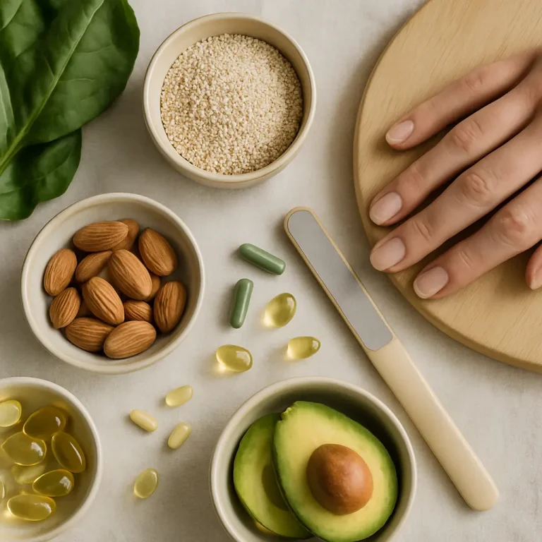 Healthy living concept with vitamin supplements, almonds, avocado slices, and spinach on a table, promoting wellness and fitness.