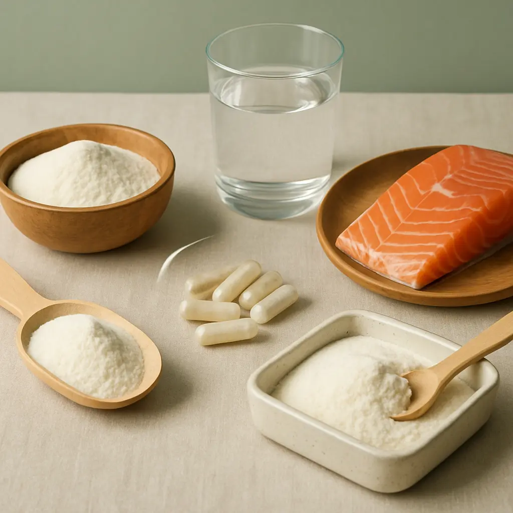 An arrangement of nutritional supplements including collagen powder in bowls, capsules, a raw salmon fillet, and a glass of water, emphasizing vitamins, healthy eating, fitness, and wellness.