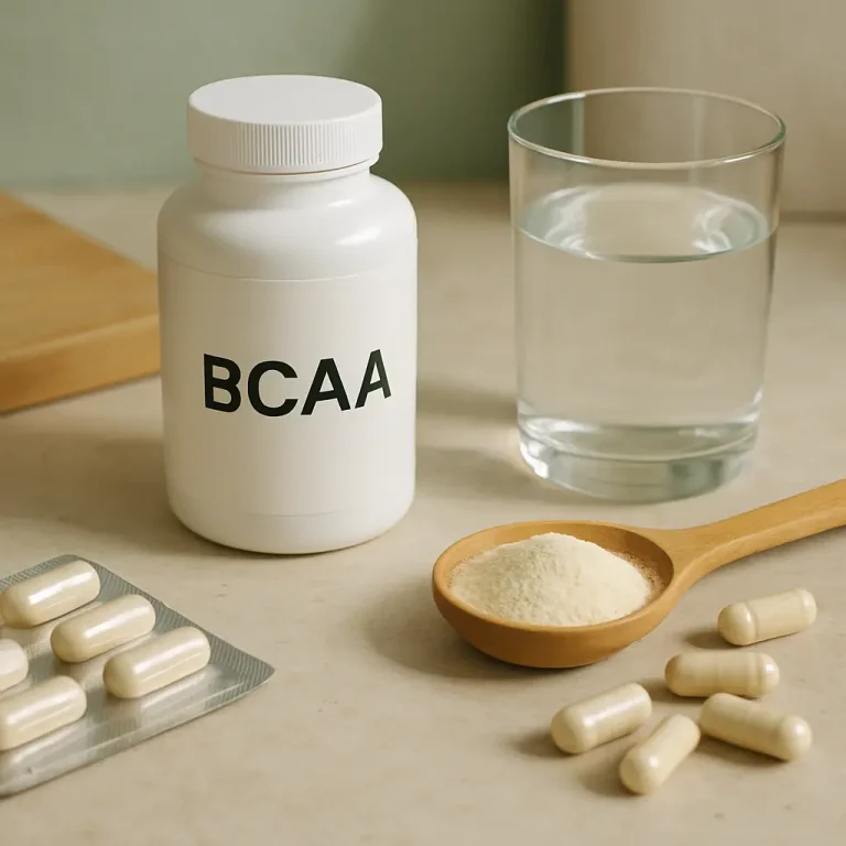 BCAA supplement bottle next to glass of water, powder in wooden spoon, and capsules, highlighting fitness and wellness supplementation.