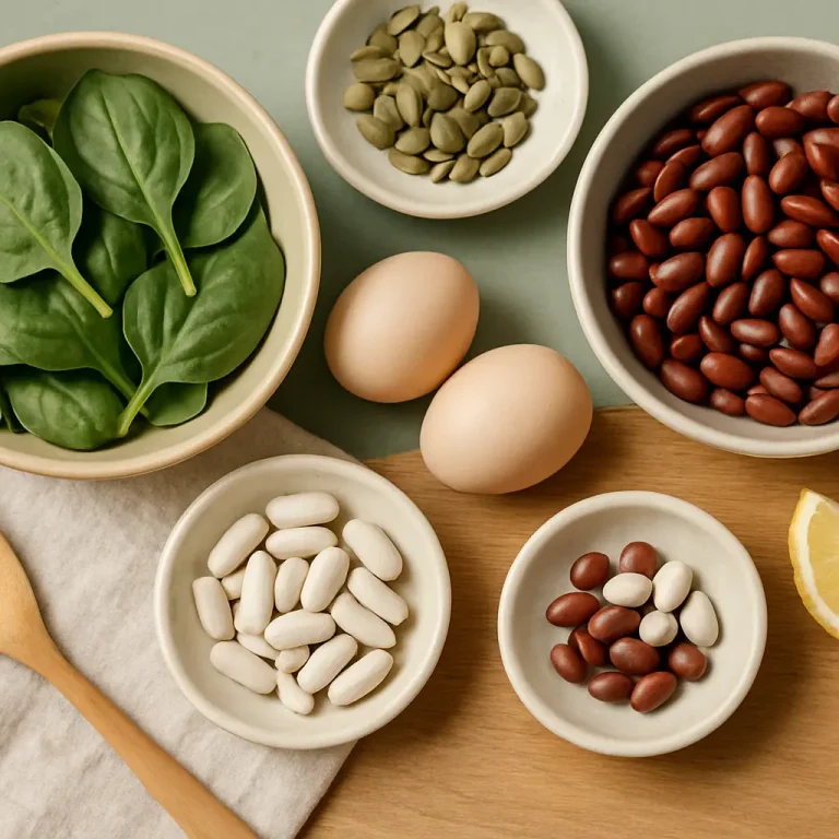 Assorted healthy foods including spinach leaves, eggs, beans, and seeds, promoting fitness, wellness, and vitamins for healthy eating.