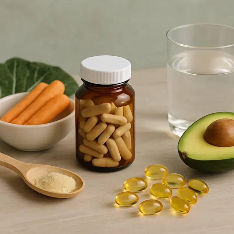 A bottle of dietary supplements next to vitamin capsules, a wooden spoon of powder, a glass of water, carrot sticks, and half an avocado, symbolizing health, wellness, and nutrition.