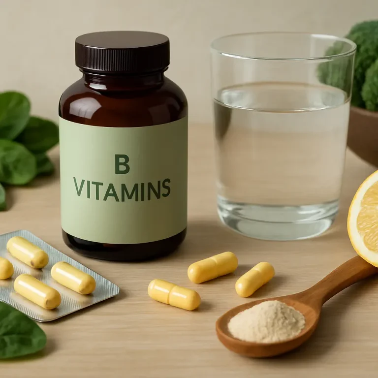 B vitamins bottle with yellow capsules, a blister pack, a glass of water, a lemon slice, spinach leaves, and a wooden spoon with powder displayed on a wooden surface, emphasizing vitamins, supplements, wellness, and healthy eating.