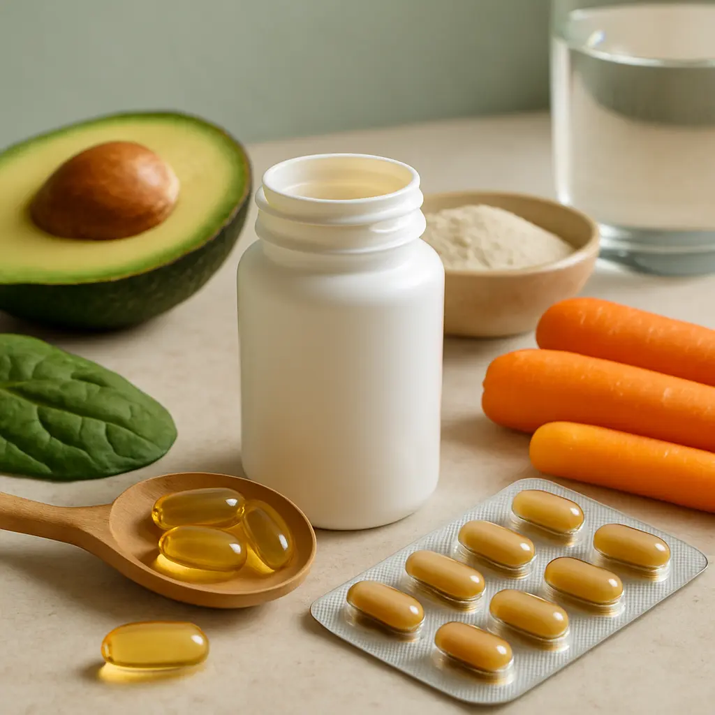 A collection of health-related items including a white supplement bottle, gelatin capsules, an avocado, carrots, spinach leaves, and a scoop of protein powder, emphasizing vitamins, supplements, and healthy eating for wellness and fitness.