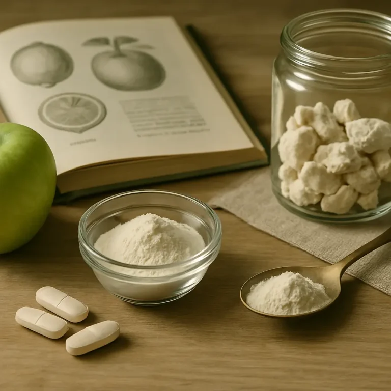 A healthy arrangement with vitamins, supplements, and protein powder in a bowl, next to an apple and a book with fruit illustrations, highlighting wellness and fitness.