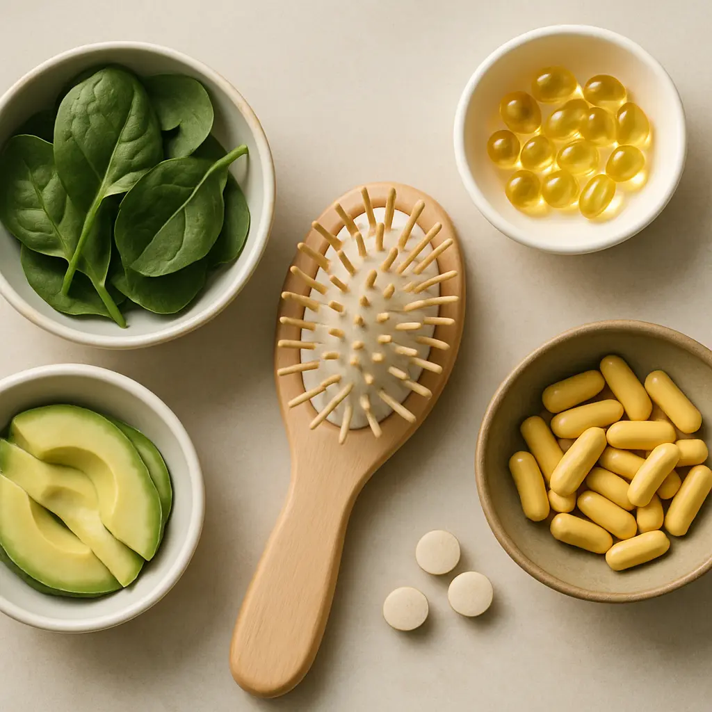 Assortment of healthy items including spinach, avocados, yellow gel capsules, and tablets, with a wooden hairbrush, highlighting wellness, vitamins, supplements, and healthy eating.