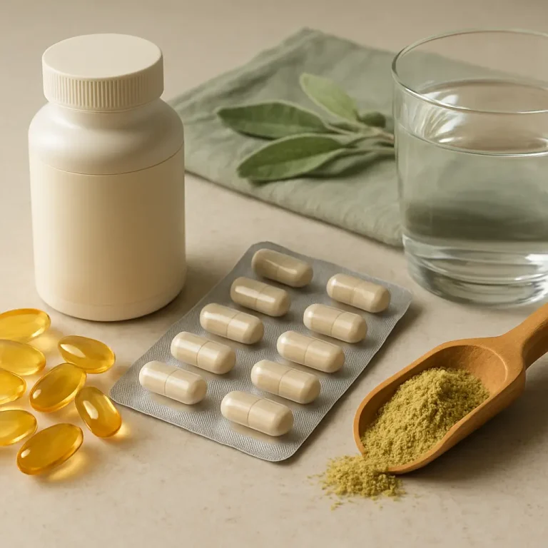 Assorted supplements including a bottle of vitamins, gel capsules, pill blister pack, powder, and a glass of water on a table, emphasizing health, wellness, and fitness.