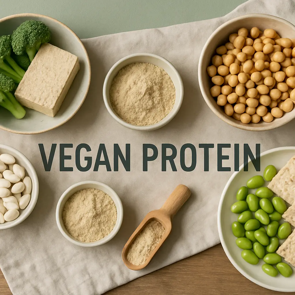 Various plant-based proteins including tofu, broccoli, chickpeas, white beans, and edamame, with a scoop of protein powder, promoting vegan supplements, healthy eating, and fitness.
