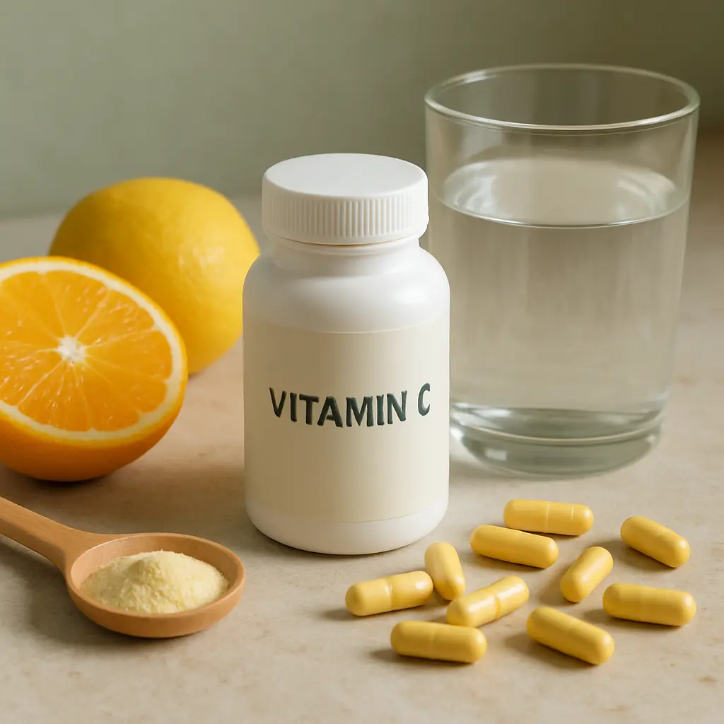Vitamin C supplements in a bottle next to yellow capsules, a lemon, an orange, and a glass of water, symbolizing wellness, nutrition, and healthy eating.