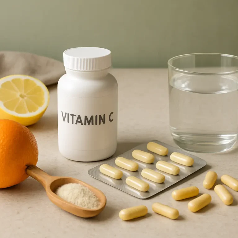 Vitamin C supplements on a table with a glass of water, orange, lemon, and a scoop of powdered vitamins, highlighting nutrition, healthy eating, and wellness.