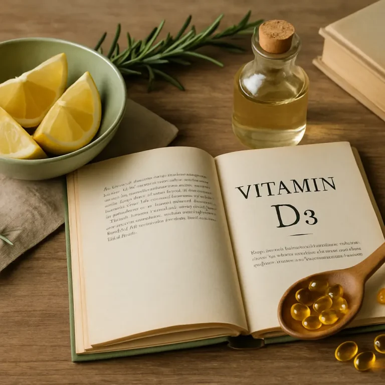 Open book displaying 'Vitamin D3,' surrounded by a bowl of lemon slices, rosemary, a small bottle of oil, and a wooden spoon with vitamin capsules, emphasizing wellness and healthy eating.