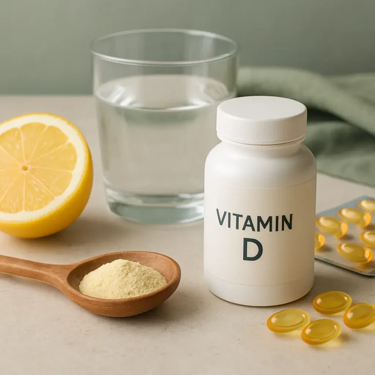 Vitamin D supplement bottle next to a halved lemon, a wooden spoon with powder, a glass of water, and yellow capsules, emphasizing wellness and healthy eating.