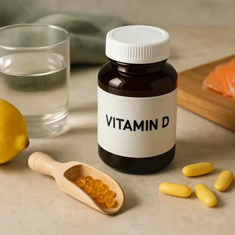 Vitamin D supplement bottle with yellow capsules, salmon, lemon, and a glass of water, emphasizing wellness and healthy eating.