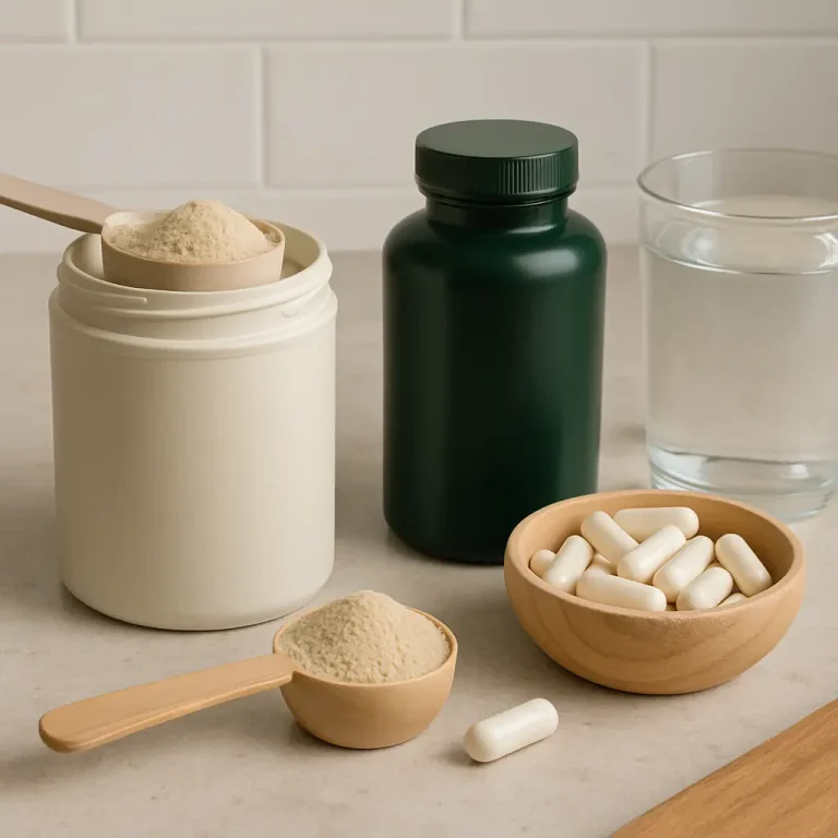 Supplements including protein powder in a scoop, capsules in a bowl, a green bottle, and a glass of water on a countertop, promoting vitamins, wellness, and fitness.