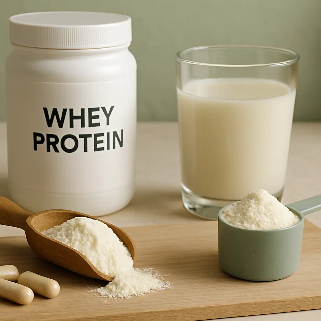 Whey protein jar, powder, and capsules with a glass of milk, emphasizing fitness and wellness supplements.