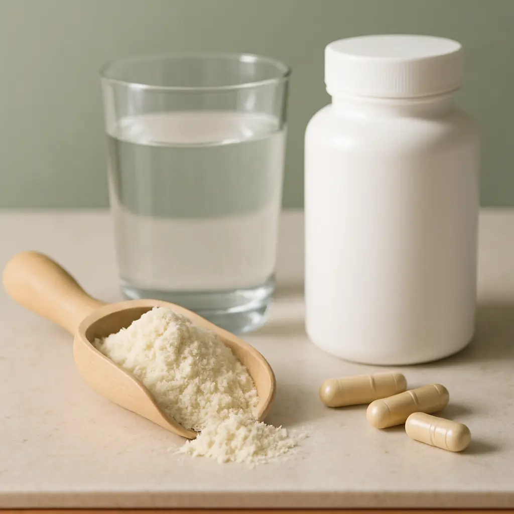A scoop of protein powder, a glass of water, a white supplement bottle, and three capsules on a table, symbolizing nutrients, wellness, and fitness supplements.