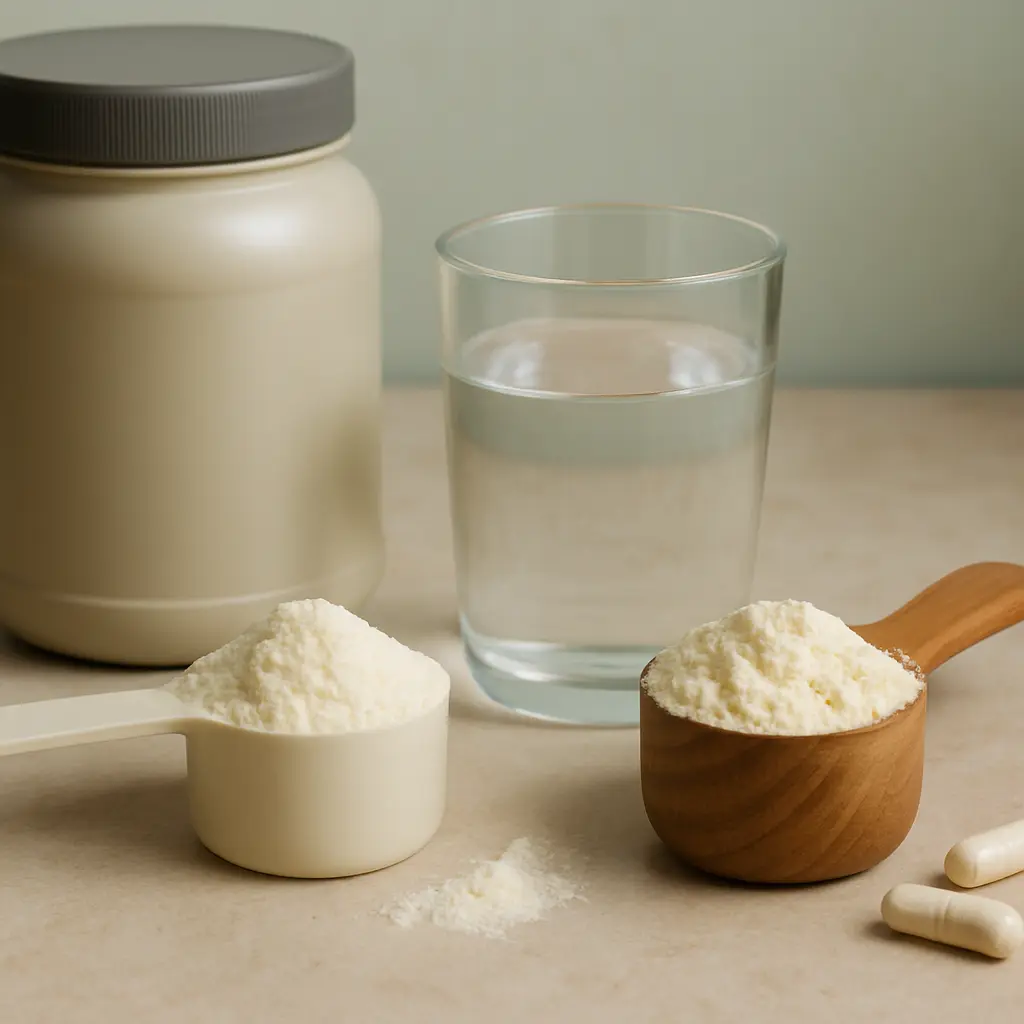 Protein powder in scoops with capsules and a water glass, emphasizing supplements for fitness and wellness.