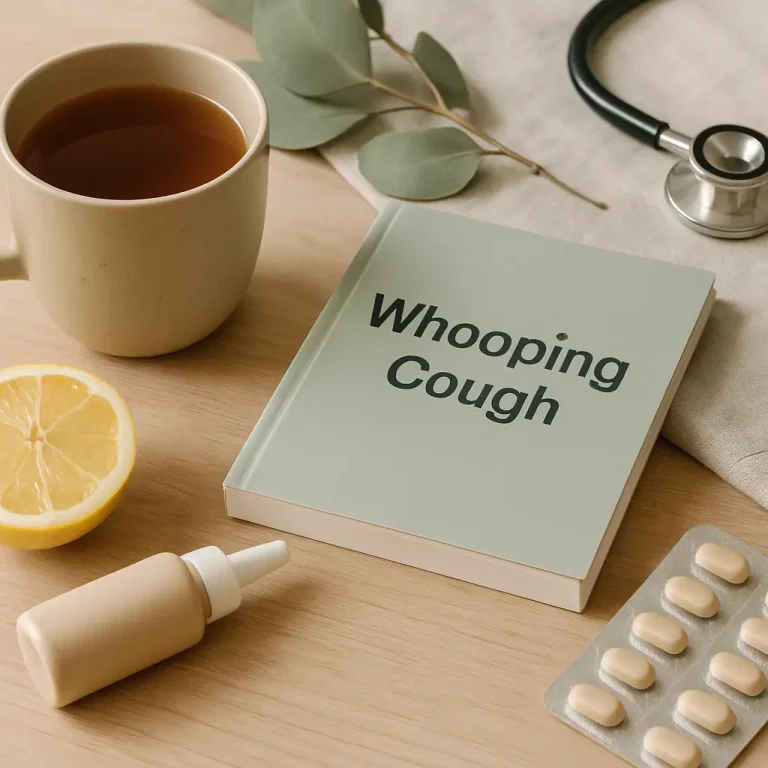 A health and wellness setup featuring a book titled 'Whooping Cough,' tea cup, sliced lemon, dropper bottle, blister pack of supplements, and a stethoscope, highlighting natural remedies and immune support.