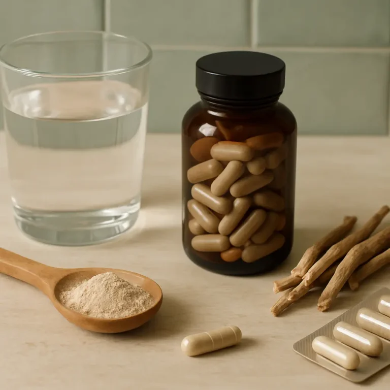 A wellness scene featuring a bottle of dietary supplements, a spoon of powder, a blister pack of capsules, a glass of water, and ashwagandha roots, emphasizing vitamins and healthy eating for fitness.