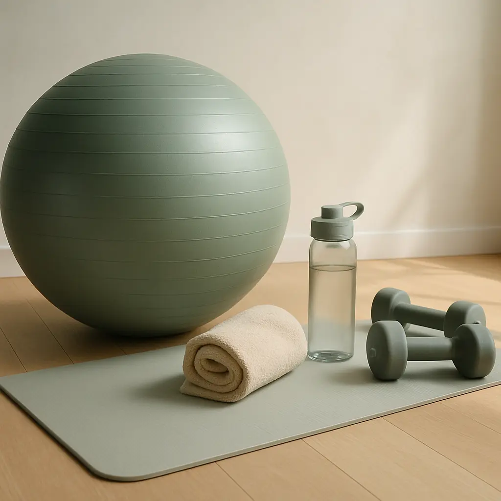 Fitness setup including a yoga mat, exercise ball, dumbbells, water bottle, and towel, ideal for wellness and healthy living.