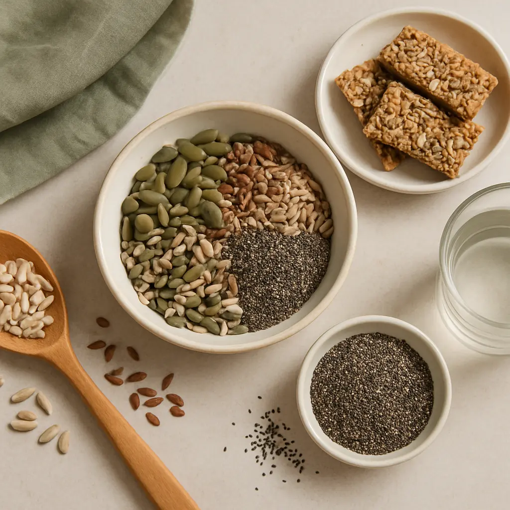 Assorted seeds including pumpkin, chia, and flax in a bowl with granola bars and a glass of water, promoting healthy eating and wellness.