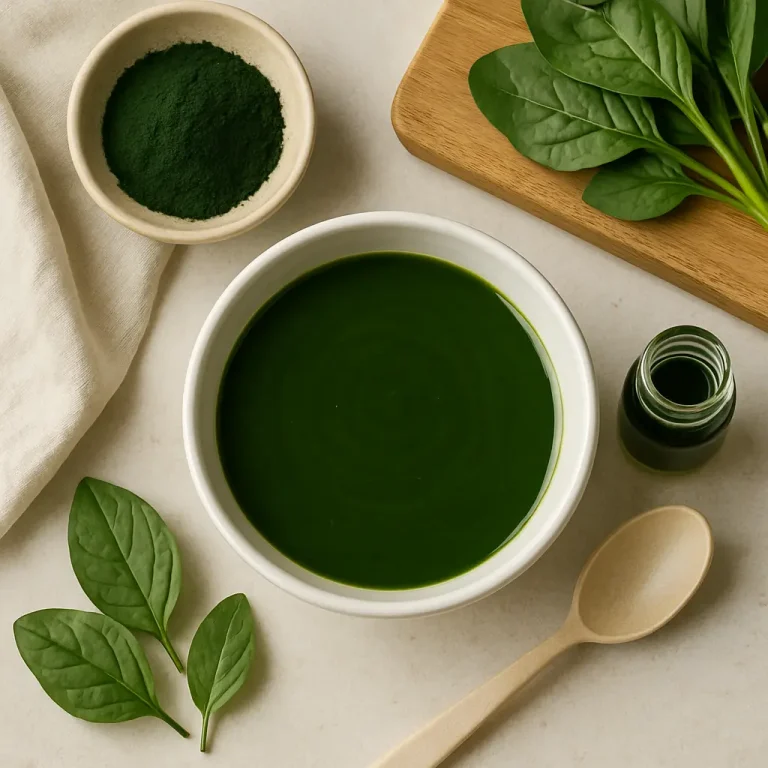 Bowl of green spirulina smoothie with spinach leaves and a spoon, symbolizing vitamins, supplements, and healthy eating for wellness.