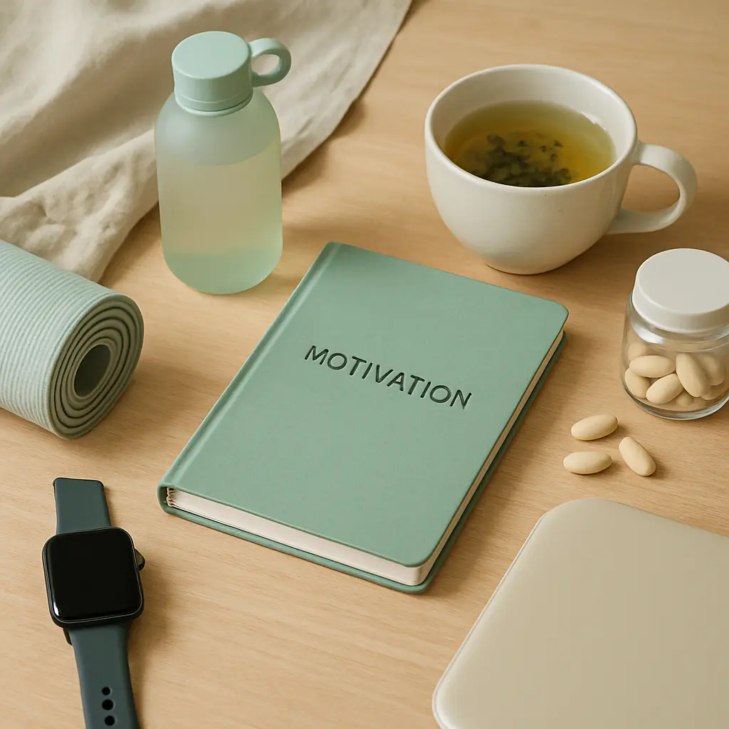 Flat lay of a fitness and wellness setup with a yoga mat, water bottle, smartwatch, journal titled 'Motivation,' a cup of herbal tea, and a jar of supplements, emphasizing health, vitamins, and healthy eating.