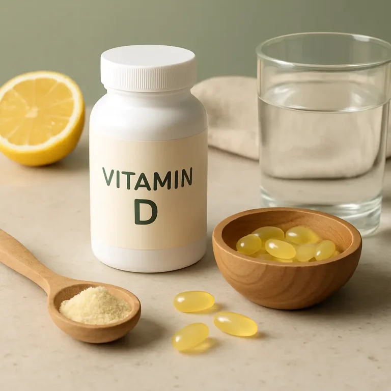 Vitamin D supplement bottle with capsules, a glass of water, a lemon slice, and powdered supplement in a wooden spoon, symbolizing wellness and healthy eating.