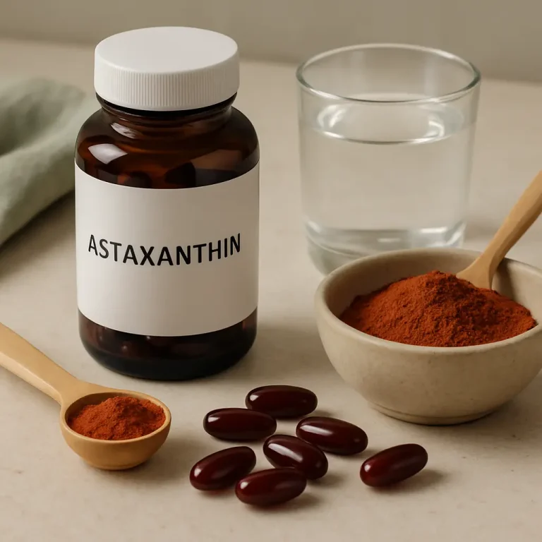 Astaxanthin supplement bottle with tablets, powder in a bowl, and glass of water, highlighting fitness, wellness, and healthy eating benefits.