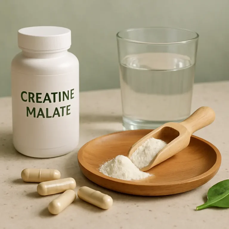 Creatine malate supplement bottle alongside a wooden plate with powder, capsules, and a glass of water, emphasizing fitness, wellness, and healthy eating.