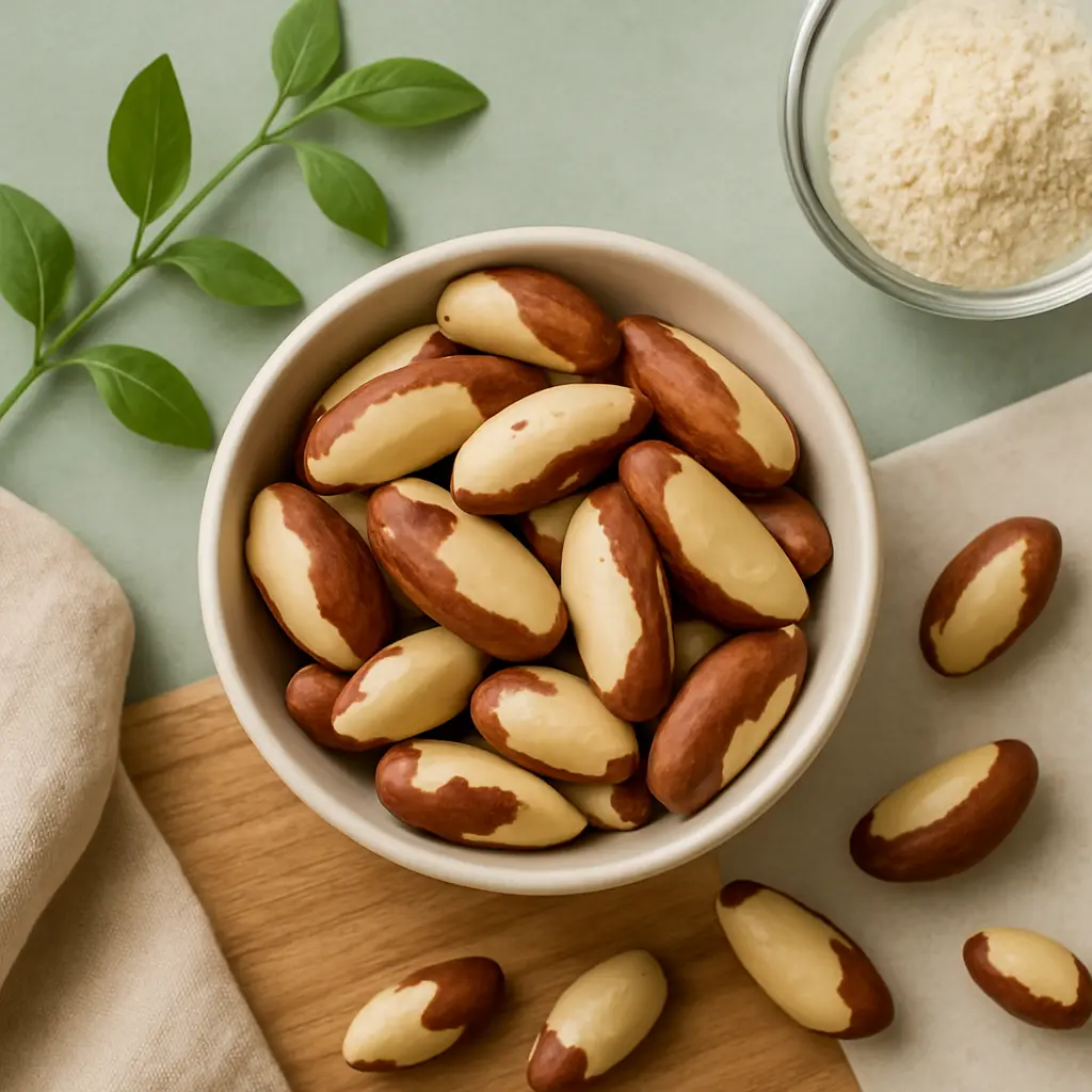 Bowl of Brazil nuts on a wooden surface, alongside a small glass bowl of almond flour, emphasizing healthy eating, wellness, and high selenium content for vitamin supplements and fitness nutrition.