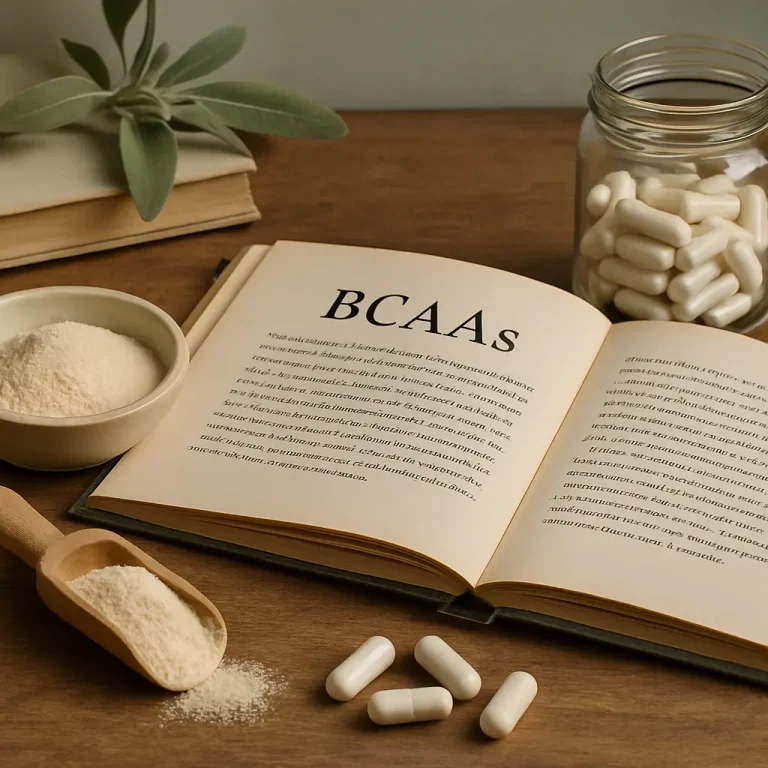 Open book featuring BCAAs, with protein powder in a bowl, capsules, and a jar on a wooden table, highlighting fitness and wellness supplements.