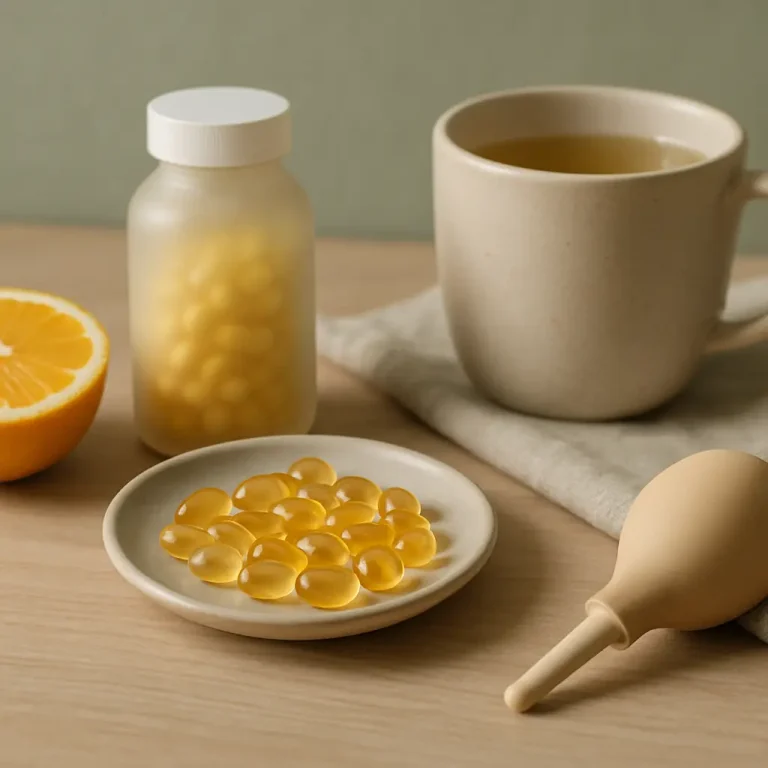 A bottle and plate of yellow vitamin supplements beside a cup of tea, half an orange, and a dropper, symbolizing wellness and healthy eating.