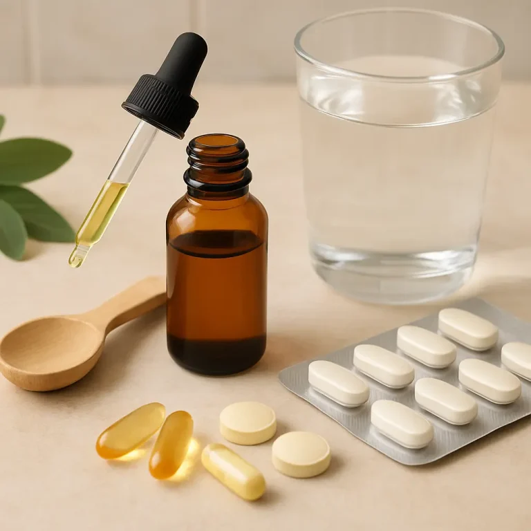 Assorted vitamins and supplements including capsules, tablets, and liquid drops on a beige surface, next to a glass of water, emphasizing wellness and healthy eating.