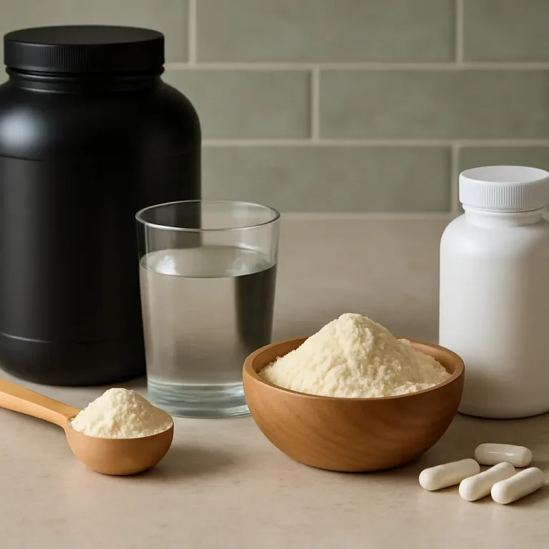 A wooden bowl and spoon filled with protein powder sit on a table alongside a glass of water, a bottle of supplements, and several tablets, highlighting elements of fitness and healthy eating.