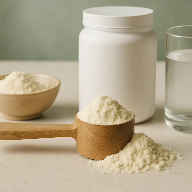Protein powder in a wooden scoop and a bowl next to a white supplement container and a glass of water, emphasizing fitness, wellness, and healthy nutrition.