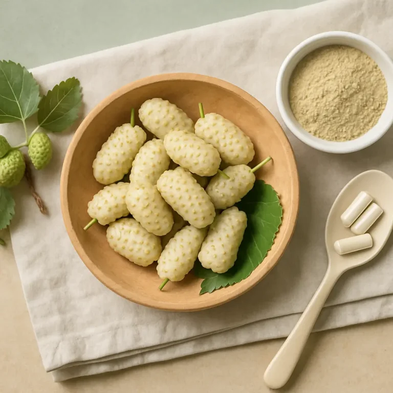 Wooden bowl of fresh white mulberries on a leaf with a small dish of mulberry powder and a spoon holding capsules, symbolizing natural vitamins and supplements for wellness and healthy eating.