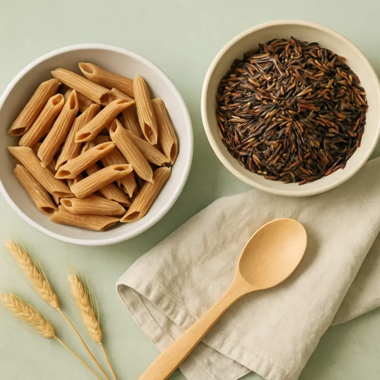 Bowls of whole grain penne pasta and wild rice on a beige cloth with a wooden spoon, symbolizing healthy eating, wellness, and fitness nutrition.
