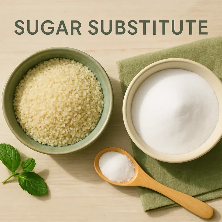 Sugar substitute options including a bowl of sugar granules and a bowl of white powder with a wooden spoon, ideal for wellness and healthy eating.